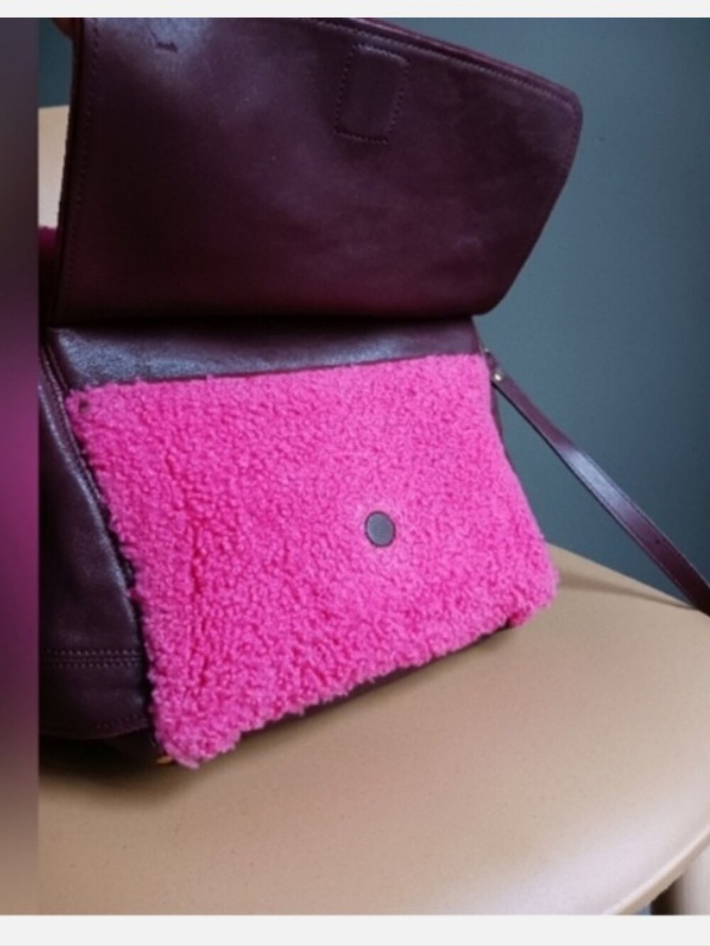 Jerome Dreyfuss Johan Pink Sherpa/ Burgundy Leather Crossbody Bag. - Picture 9 of 16